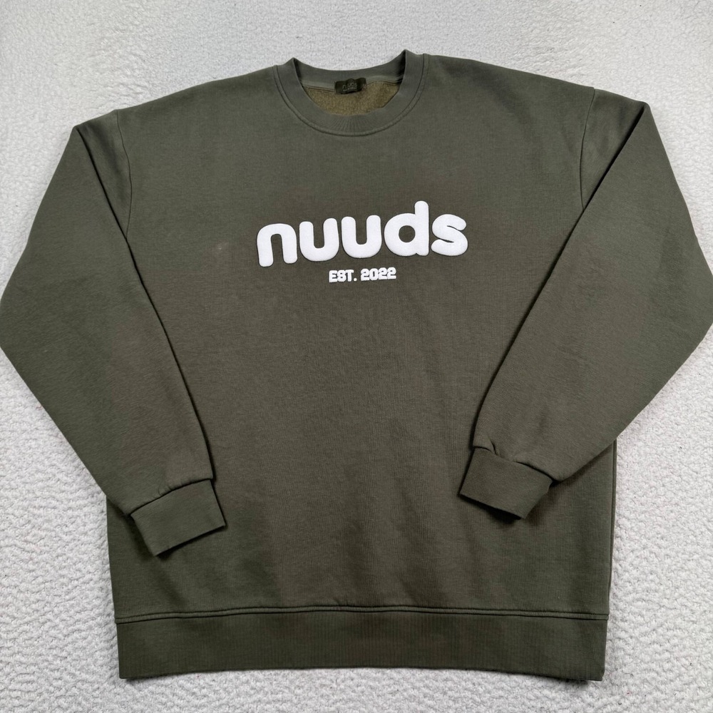Nuuds Sweatshirt Womens L Logo Crewneck Pullover Cozy Olive Green Fleece *Flaw